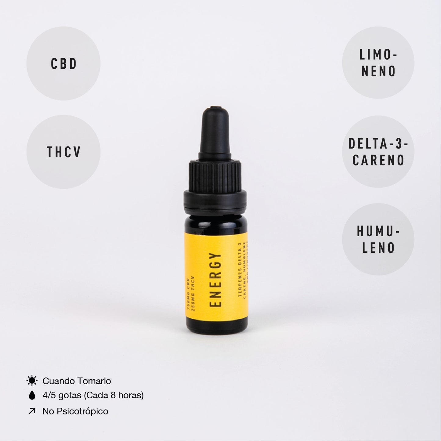 botella de 10ml aceite energy con terpenos limoneno delta-3-careno y humuleno